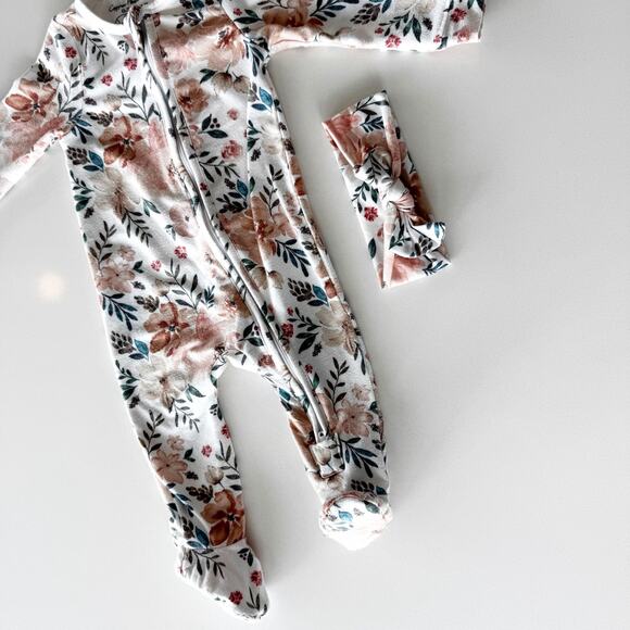 Copper Pearl Autumn Print 2-Way Zip-Up Footie and Headband Bow - Picture 8 of 10